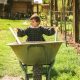 little girl pushing wheelbarrow on the farm